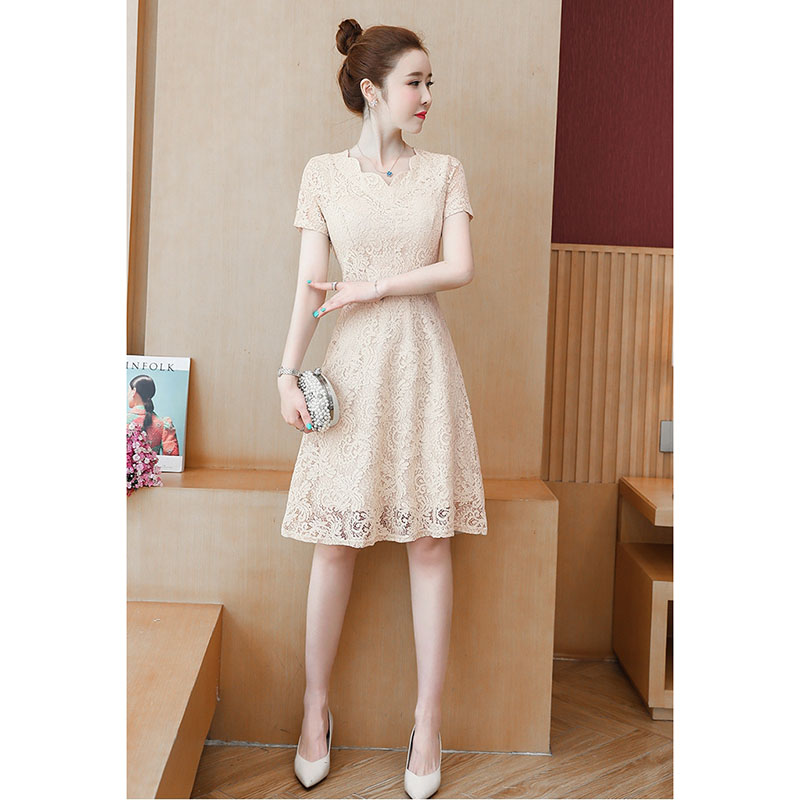 kudapy เดรสลูกไม้สีชมพูโอรส/สีครีม แขนสั้น กระโปรงทรงบานคลุมเข่า แนวเรียบร้อย สวย ดูดี ชุดเดรสทำงาน ชุดเดรสออกงาน