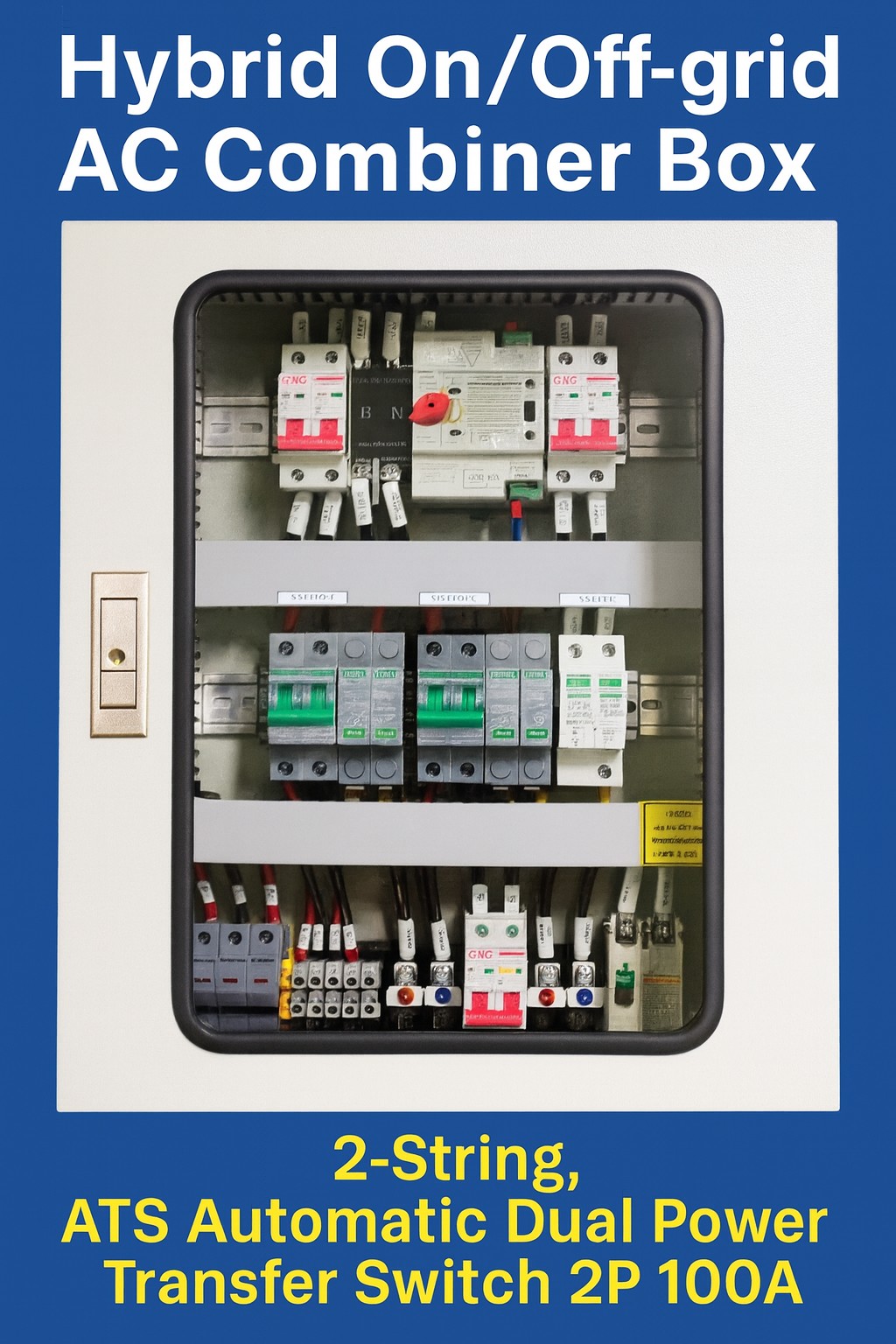Hybrid On/Off-grid AC Combiner Box DC 2string 800V, ATS Automatic Dual Power Transfer Switch 2P 100A, 1Phase ตู้คอมบายเนอร์แบบไฮบริดออนออฟกริด 2 สตริง พร้อม สวิตซ์สลับแหล่งจ่ายไฟ อัตโนมัติ(สลับเร็ว) ระบบไฟฟ้าสำรอง
