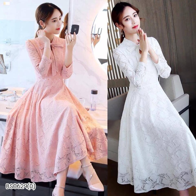 kudapyเดรสสั้นสีชมพู/สีขาว ลูกไม้ คอผูกโบว์ ช่วงเอวหลังมียางยืด ผ้าลูกไม้ลายสวยมากค่า งานมีซับใน