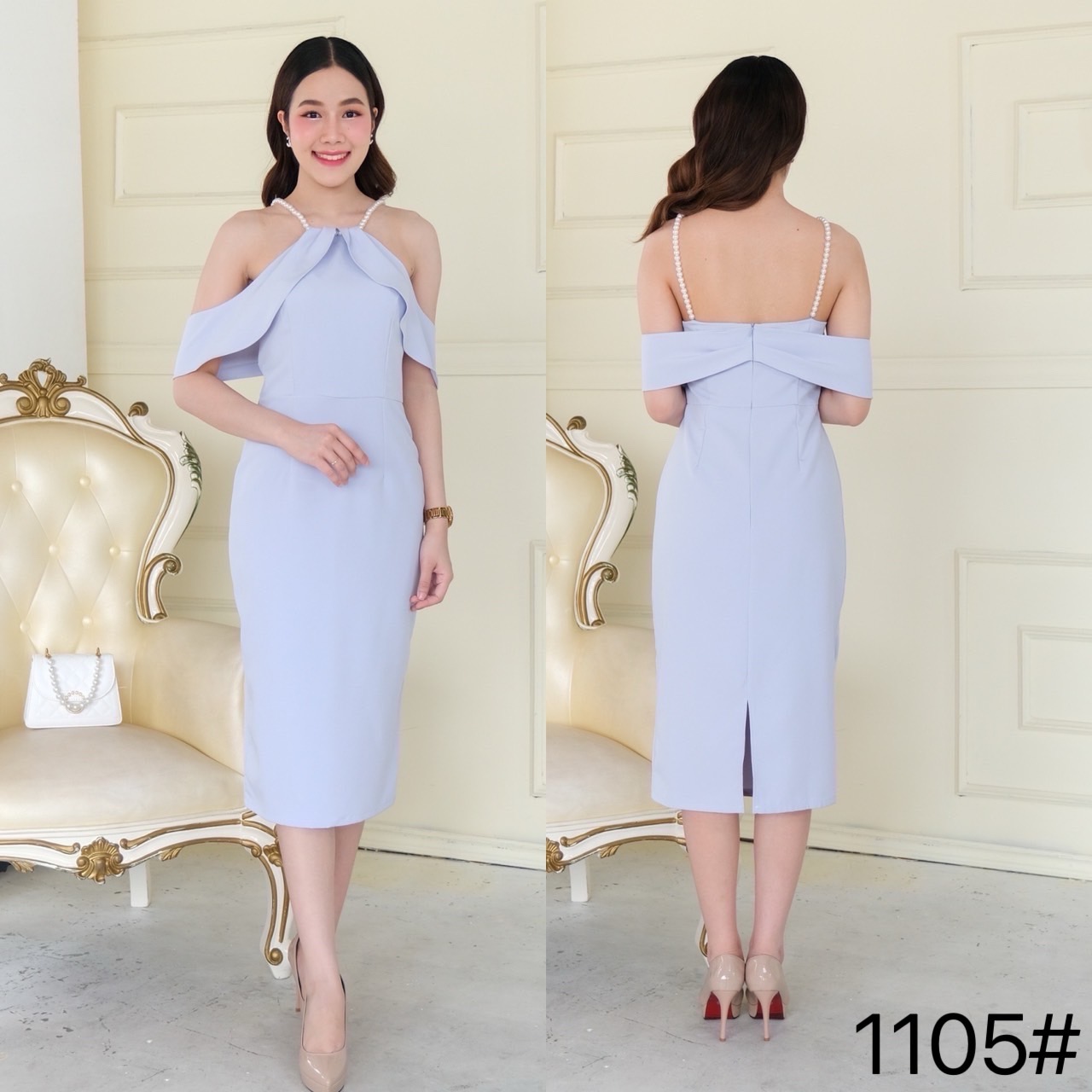 kudapy เดรสสั้น ทรงสอบ เว้าบ่า แต่งสายมุก กระโปรงสอบทรงดินสอ เก็บทรง ผ่าหลัง