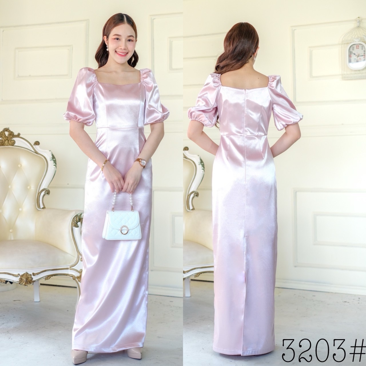 kudapy เดรสราตรียาว คอเหลี่ยม แขนสั้นจับพอง ใส่ได้สองแบบ เปิดบ่า แขนสั้น กระโปรงทรงสอบยาว ซิปหลัง