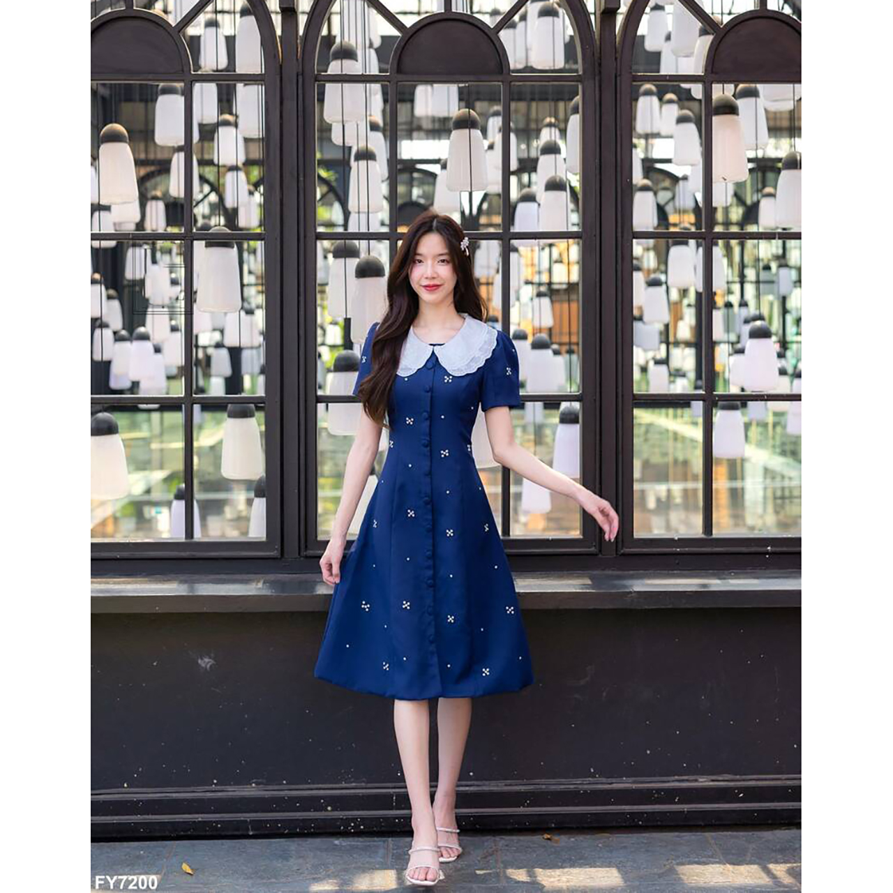 kudapy เดรสสั้นสีชมพู/สีกรม คอปกลูกไม้ปักเพชร