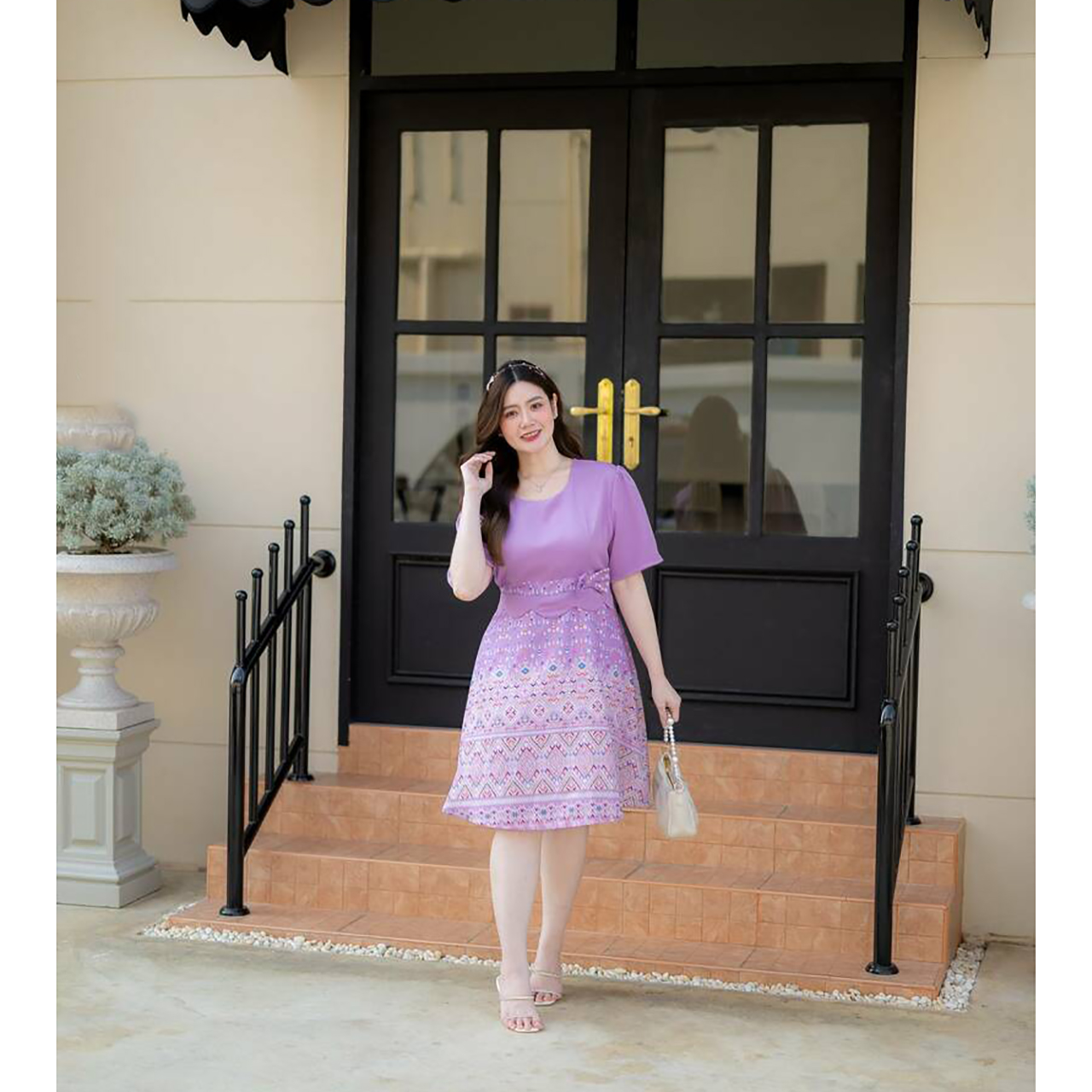 kudapy เดรสสั้นสีม่วง/สีเหลือง ผ้าไทยกระโปรงบานแต่งโบว์เอว