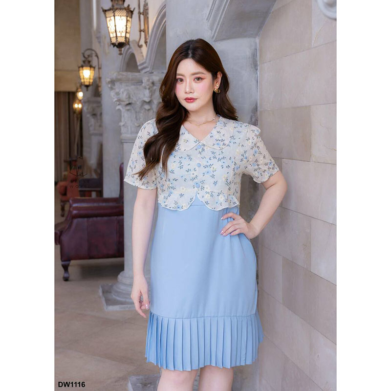 kudapy เดรสสั้น ชายกระโปรงพีชแต่งเสื้อลายดอก