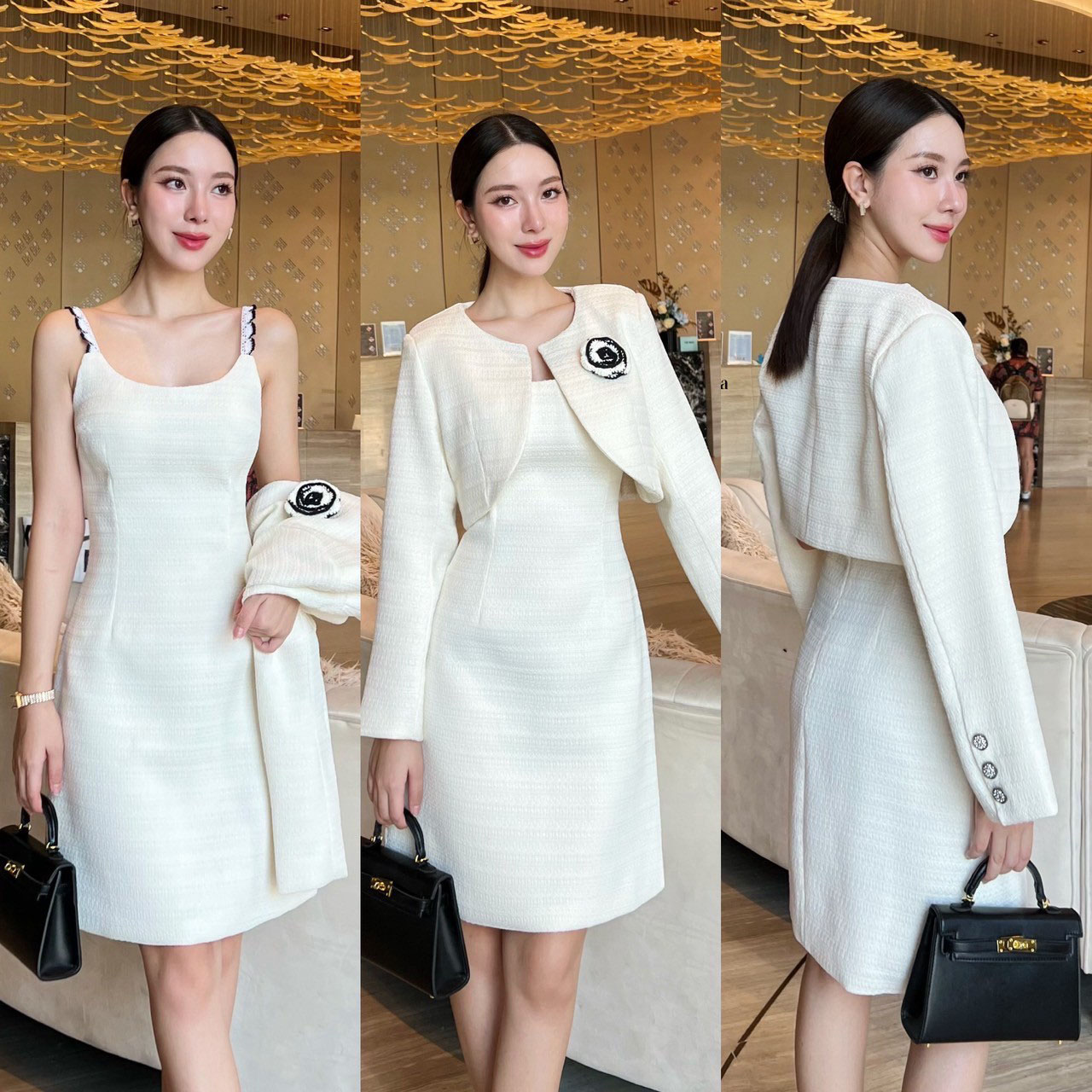 kudapy เซ็ทเดรสทวิต+เสื้อครอป เดรสทวิตสีขาวทรงเข้ารูป ปหลัง มีซับในอย่างดี มาพร้อมกับเสื้อครอป ใช้ผ้าเดียวกับเดรส