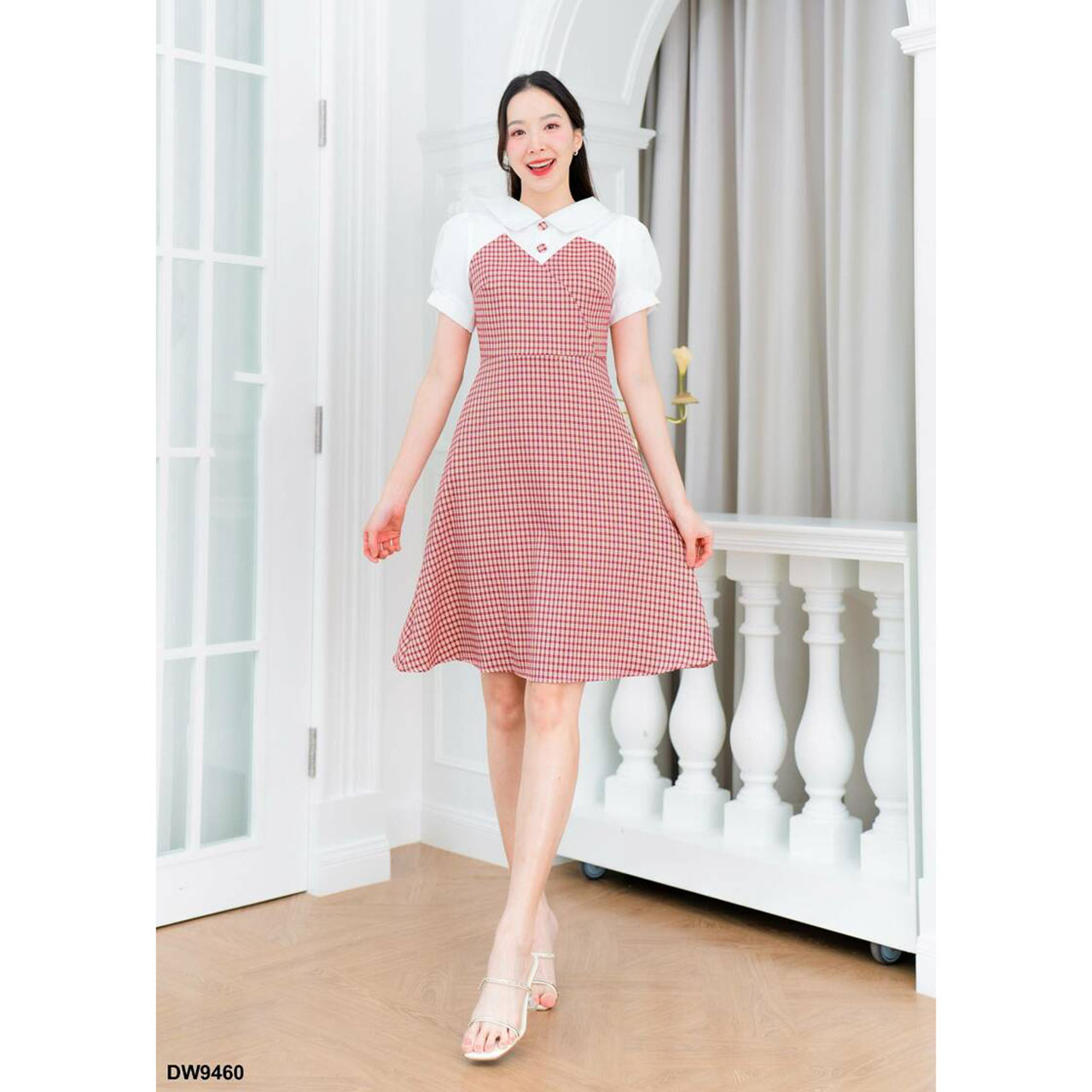 kudapy เดรสสั้นสีกรม สีเหลือง สีชมพู ผ้าลายสก็อตแต่งกระดุม แขนสั้น ใสเที่ยว สวยดูดีมาก