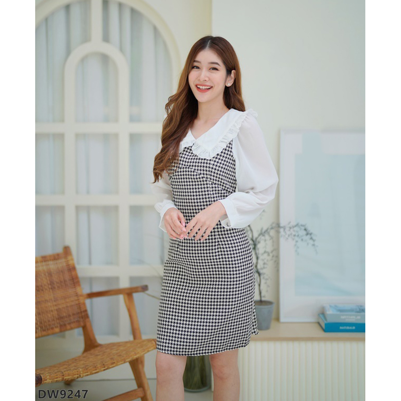 kudapy เดัส้นสีดำ/สีชมพู/สีน้ำตาล เดรสลายสก็อตแขนยาวคอปก