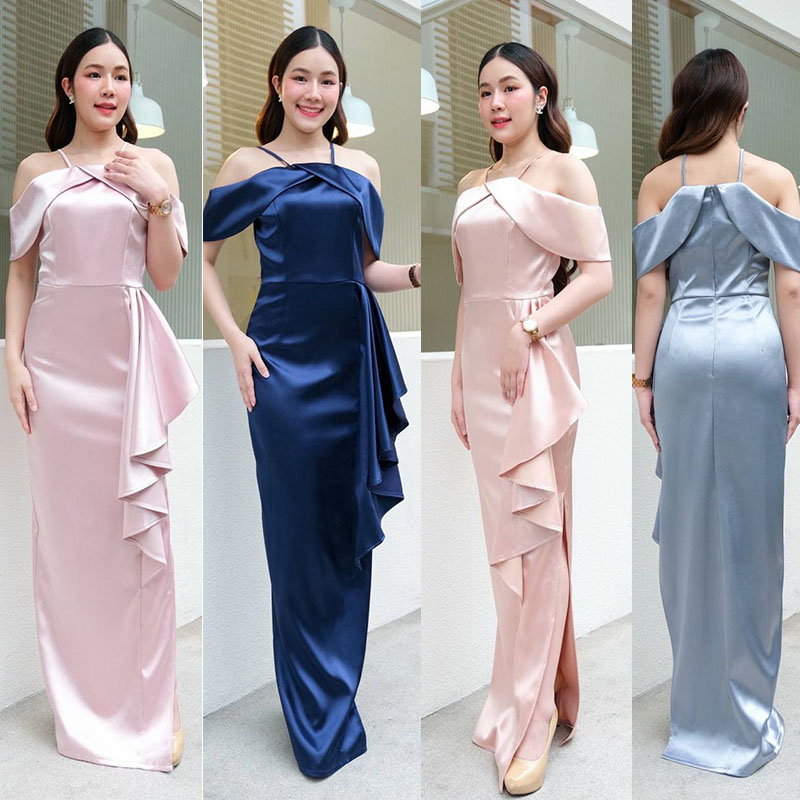 kudapy เดรสยาวสีกรมสีชมพู/สีโรสโกล/สีฟ้า เปิดไหล่ แต่งจีบเอวสวยดูดี ใส่ออกงานเป้มากๆ ดูดีทุกงาน