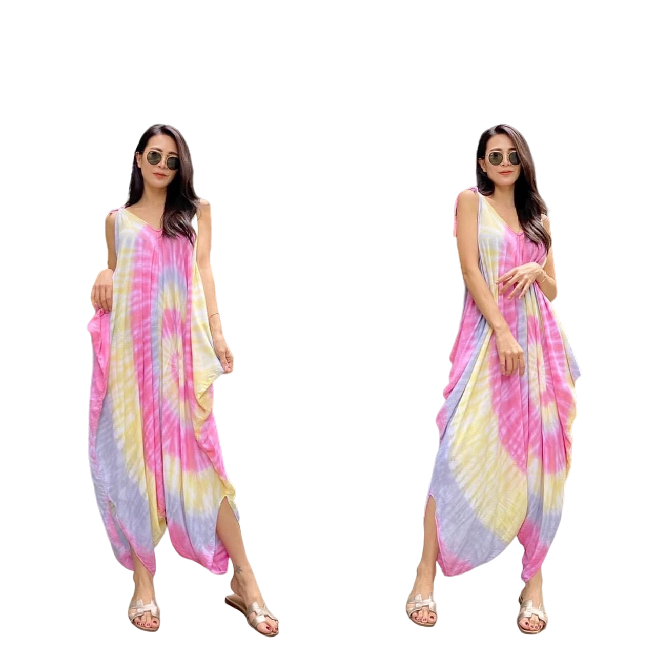 kudapy ชุดจั้มพ์ขายาว ทรงสายเดี่ยวคอวี ผูกโบว์ไหล่ ปรับระดับได้ งานผ้าสปัน ทิ้งตัวสวย ใส่สบายๆไม่ร้อน