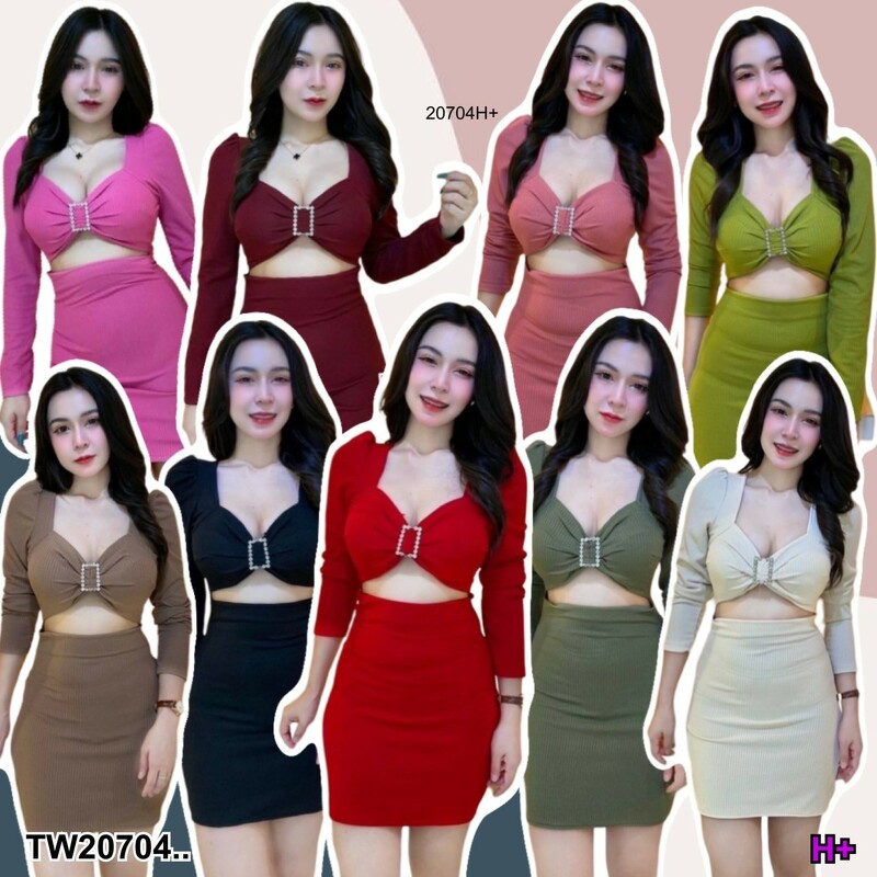 kudapy เดรส minidress แขนยาว แต่งเว้าเอว อกแต่งเข็มขัดเพชร สุดหรู ผ้ายืด ทอปทวิล