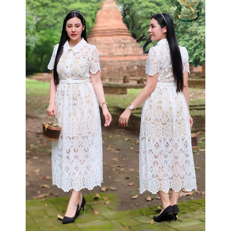 kudapy เดรสลูกไม้พรีเมี่ยมสีขาว พร้อมเข็มขัด ใส่ได้ทุกโอกาส งดงามและสุภาพมากๆ