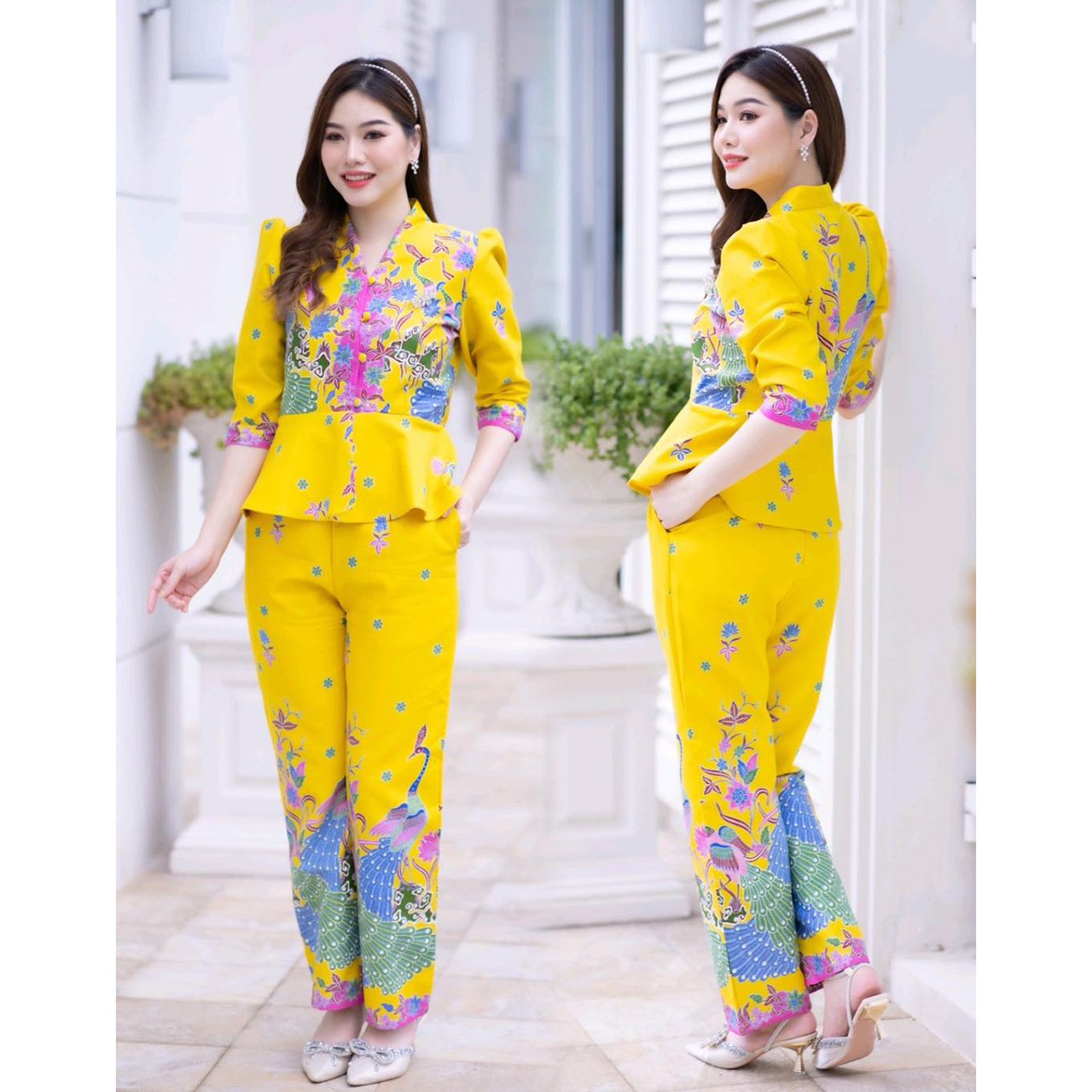 kudapy ชุดเซ็ทเสื้อ+กางเกง ปาเต๊ะ ผ้าคอตตอนพิมพ์ลายสีสดใส ลายสวย ผ้าไม่บางใส ไม่เห็นชั้นใน สีไม่ตก ผ้าไม่ยืดไม่หด