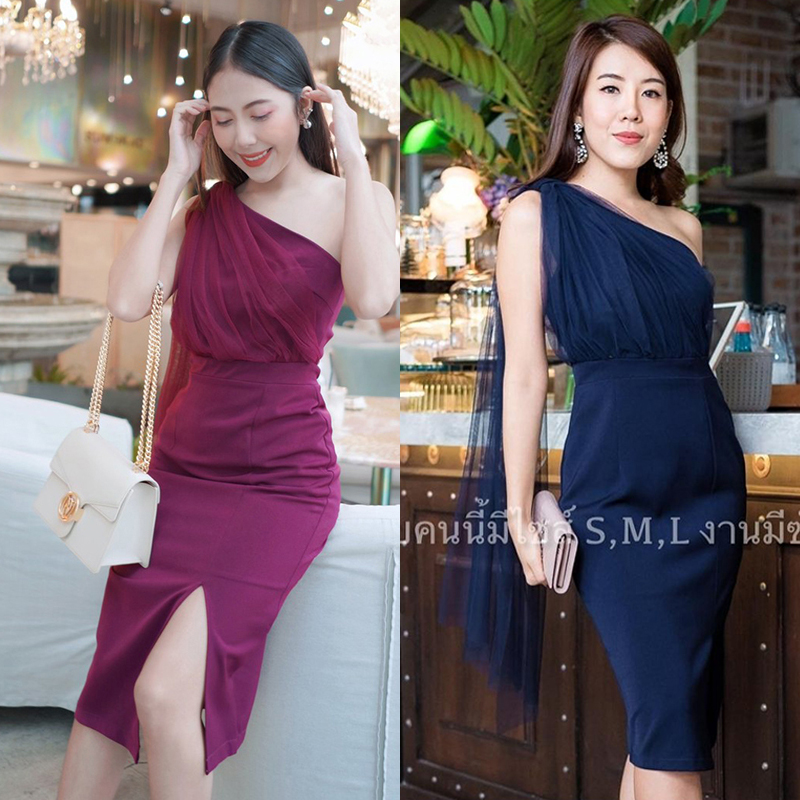 kudapy ชุดราตรีสีแดงเบอกันดี้ ชุดออกงาน ชุดไปงานแต่งงาน เดรสสั้นไหล่เฉียงข้างแต่งผ้าซีทรู เรียบหรู