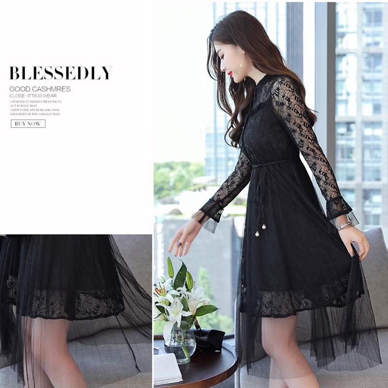 kudapy ชุดเดรสสั้น ผ้าลูกไม้สีดำ/สีครีม เดรสคอจีน แขนยาวผ้าลูกไม้นิ่มทิ้งตัวทรงสวยตามแบบ