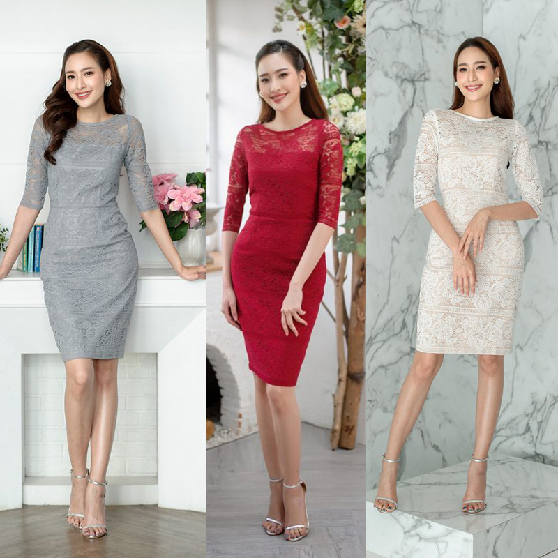 kudapy เดรสสั้นสีแดง/สีขาว/สีเทา ซับใน ลายดอกไม้สลับลายขวาง คอปาด แขนสี่ส่วน กระโปรงเข้ารูปทรงสอบ สวยแพงคลาสสิคสุดๆ