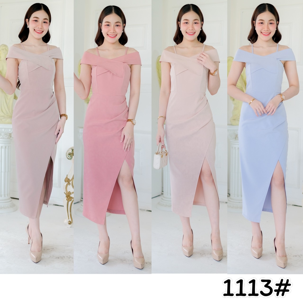 kudapy เดรสยาวสีชมพูอ่อน/ชมพูเข้ม/ครีมนู๊ด/ฟ้าเบบี้บล เปิดบ่า ทรงสอบ มีสายเดี่ยว ใส่แล้วผอม กระโปรงสอบทรงทิวลิป ยาวครึ่งแข้