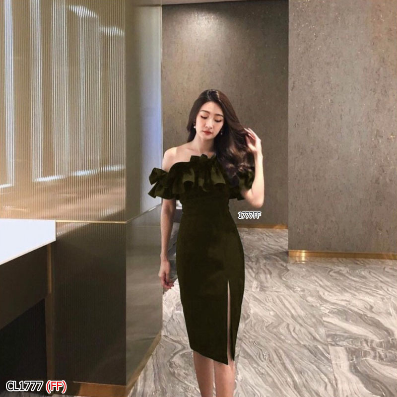 kudapy เดรสปาดไหล่ ระบายรอบน่ารัก แอบเซ็กซี่ งานมีซิปซ่อนหลัง ตีเกล็ดหน้าหลัง เอวไม่สม็อค ทรงเข้ารูป