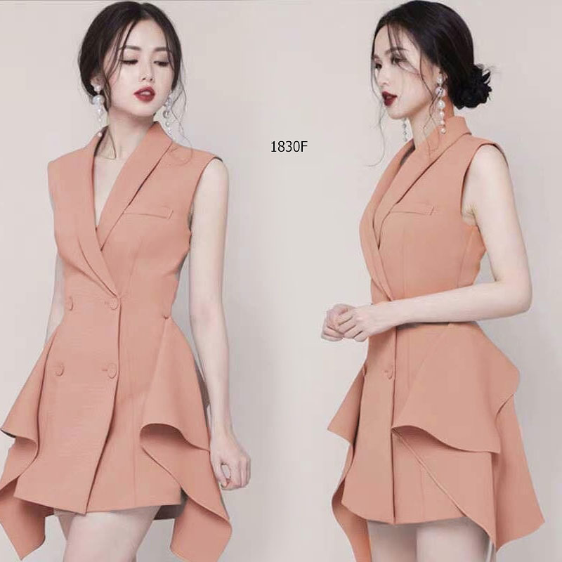 kudapy เดรสสูท แขนกุด ติดกระดุมหน้าแกะออกได้จริง งานผ้าซาร่าอย่างดี เอวไม่สม็อค ดีเทลแต่งระบาย 2 ข้าง