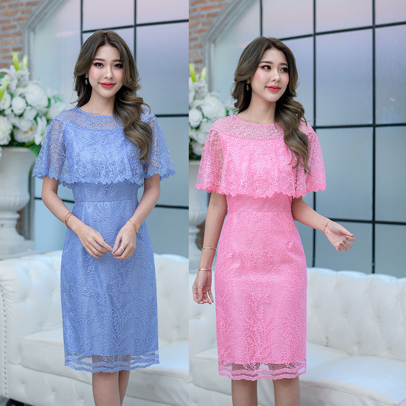 kudapy เดรสสั้นสีชมพู/สีฟ้า ลูกไม้ปักซีทรู ดีไซน์คลุมไหล่สวยๆเก๋ๆ อำพรางต้นแขนได้ดี รุ่นนี้ลายผ้าเรียบง่ายแต่สวยสไตล์เรียบหรู