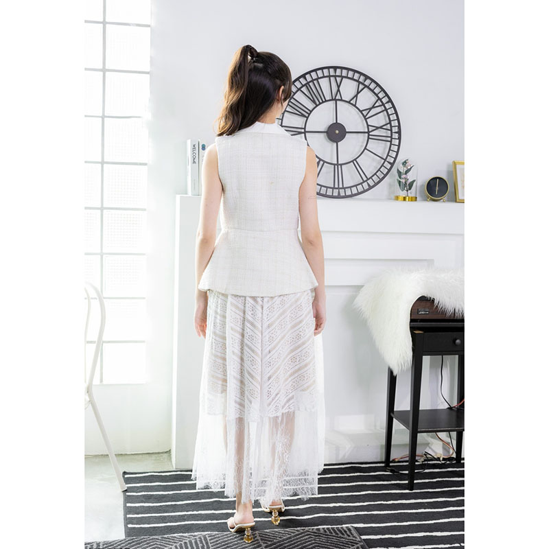 kudapy เซตเสื้อทรงสูทสีชมพู/สีขาว/สีดำ แขนกุด+กระโปรงยาวตาข่าย แต่งผ้าระบาย