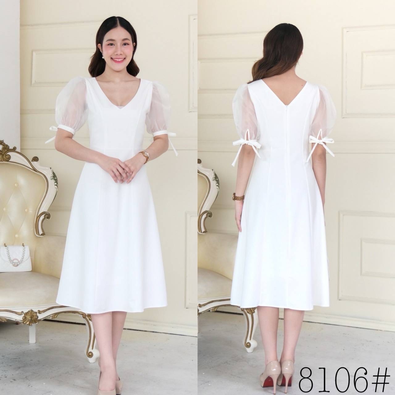 kudapy เดรสสั้นไปงานคอวีสีครีม สีขาว สีชมพู สีส้มอิฐ แขนตุ๊กตาผ้าแก้ว แต่งโบว์แขนเล็ เอวสูง ชายปล่อบทรง