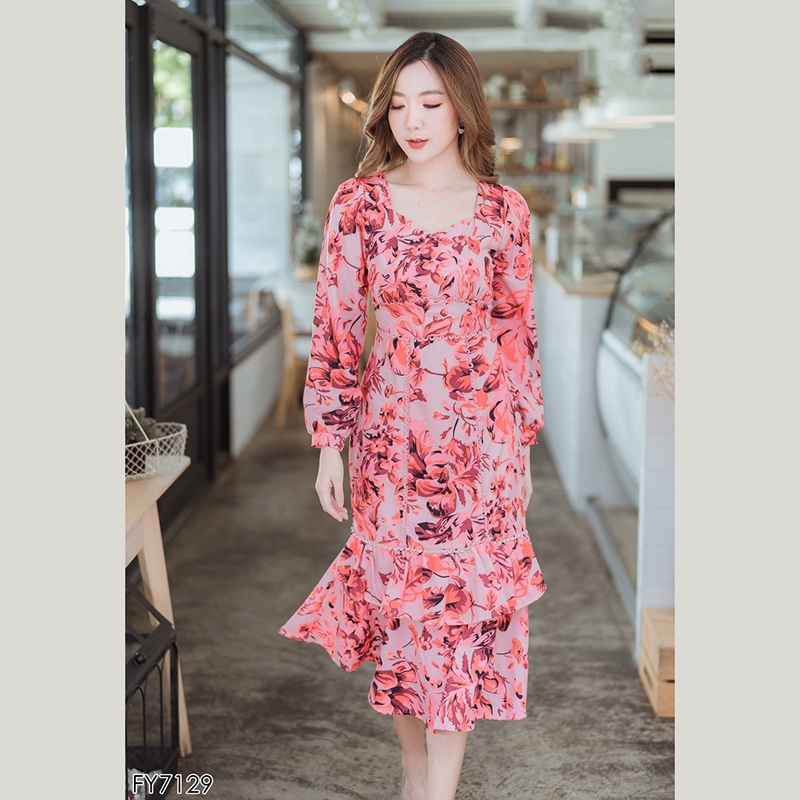 kudapyเดรสสั้นสีชมพู/ม่วง แขนยาวลายดอกไม้สวยดูดีน่ารัมากๆ