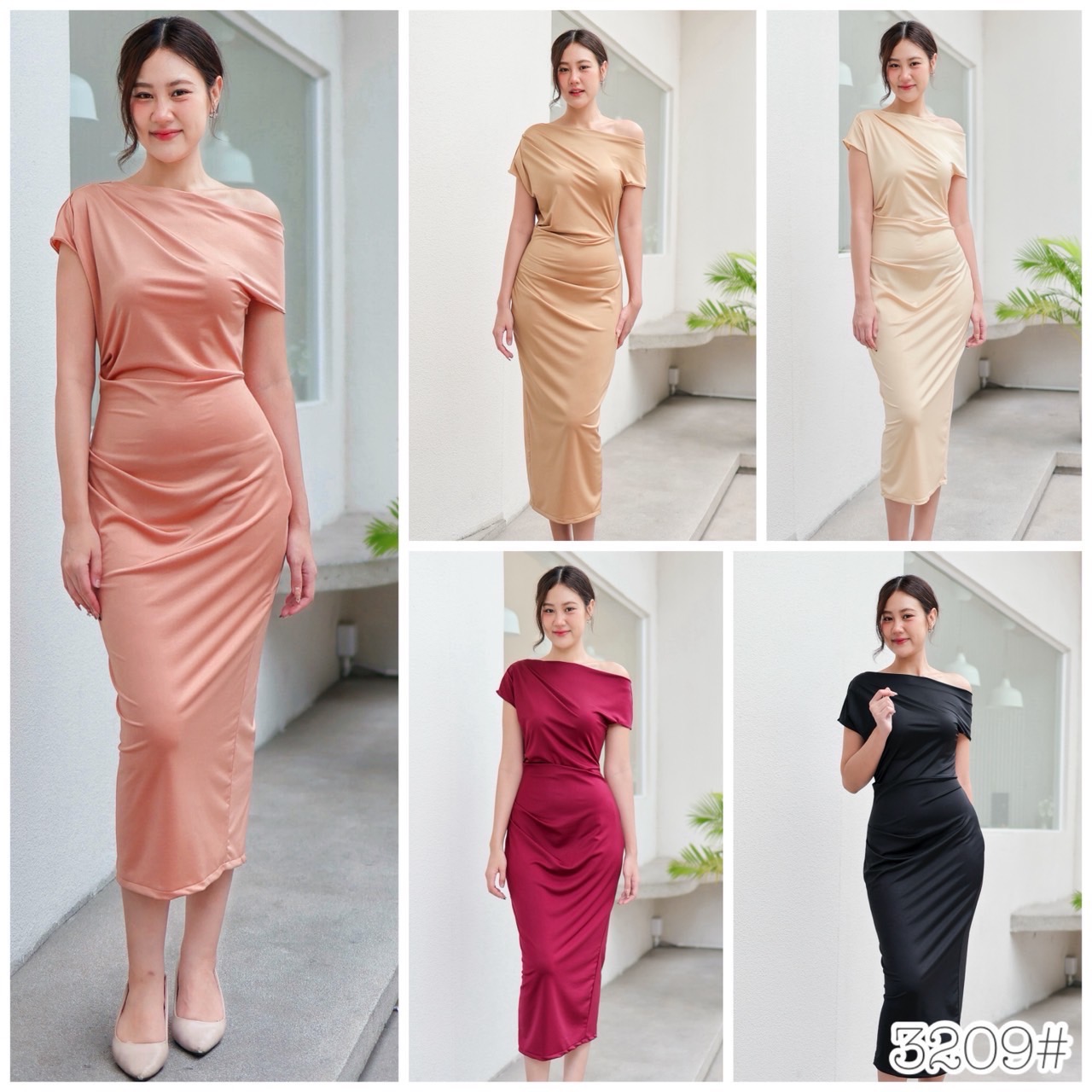 kudapy เดรสยาว ไหล่ตกเกาหลีเกาใจ กระโปรงทรงดินสอเข้า เข้ารูป