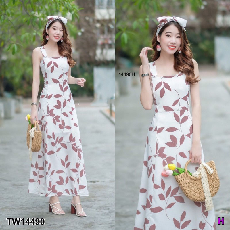 kudapy Maxi Dress เดรสสายเดี่ยวยาว สีชมพู ดำ เขียว เหลือง งานผ้าสลาฟพิมพ์ลายใบไม้ มีซิปซ่อนด้านหลัง มีซัปใน มีโบว์แยก 1 เส้น