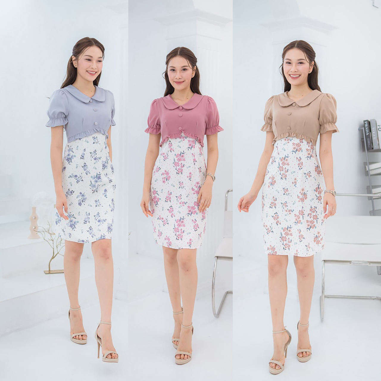kudapy เดรสสั้นสีน้ำตาล/สีเทา/สีฟ้า คอหยักลายดอก ใส่ทำงานสวยดูดี