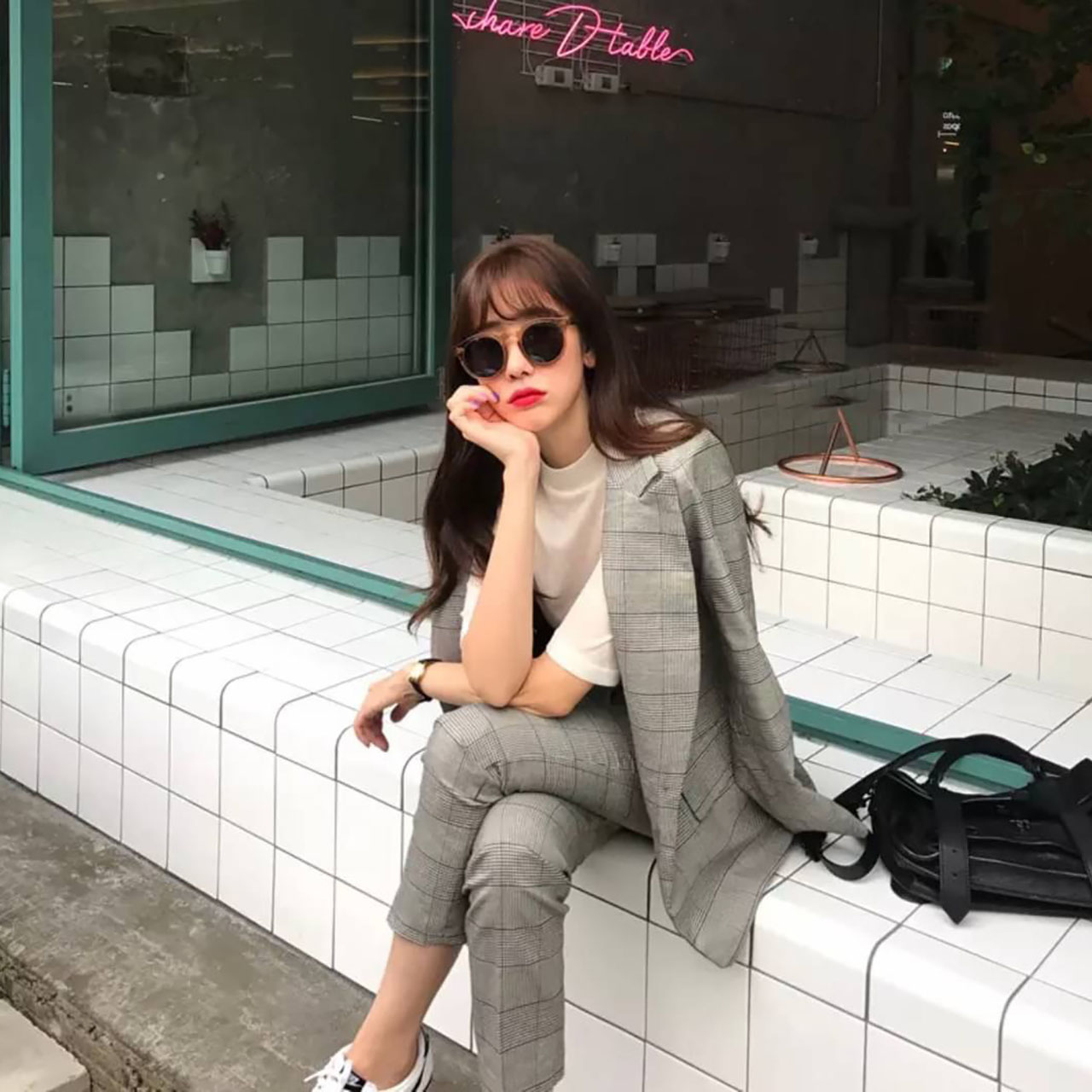 kudapy เซ็ทเสื้อ Blazer +กางเกงขายาว เสื้อสูทลายสก๊อตแถบฟ้า แต่งกระดุม