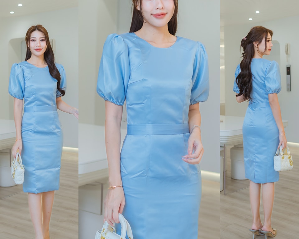 kudapy ชุดเดรสทรงสอบ คอกลม ผ่าหน้า แขนตุ๊กตา ชุดมีซับใน ซิบหลังค่ะ