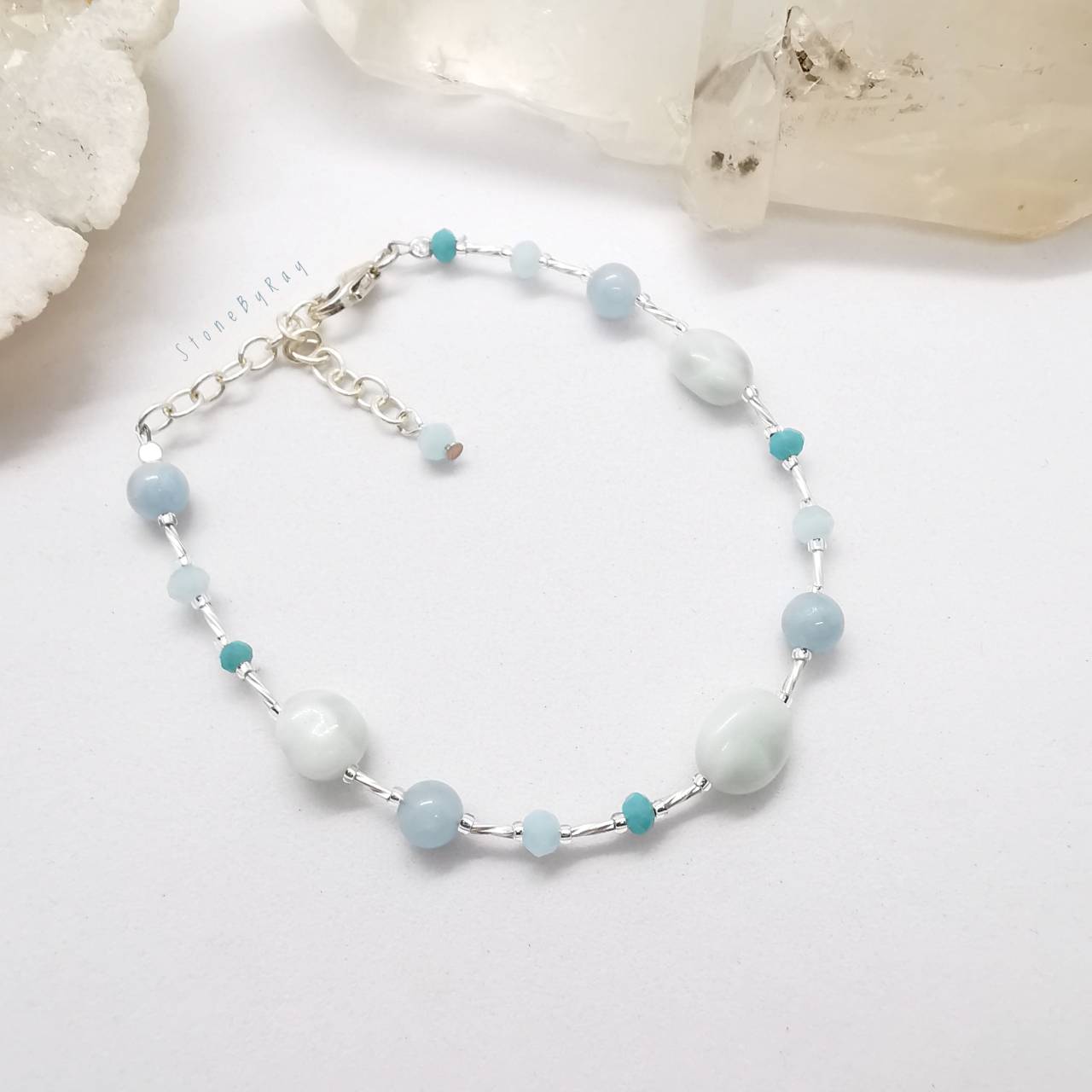 สร้อยข้อมือเงินหินแองเจิลไลท์+อความารีน Angelite+Aquamarine