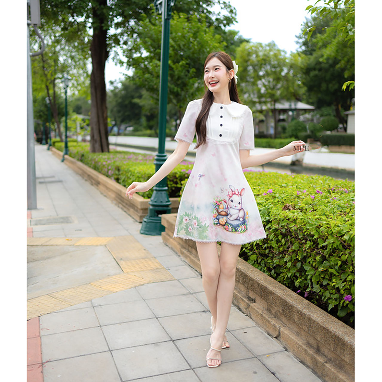 kudapy เดรสสั้นสีฟ้า ลายกระต่ายพาสเทล ใส่สบายสวยดูดี