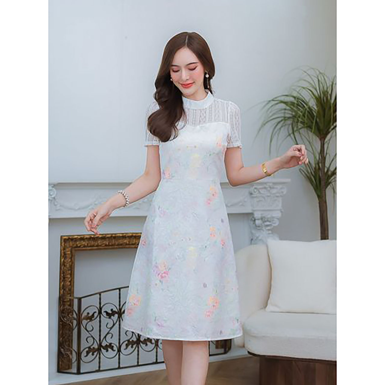 kudapy เดรสสั้นสีขาว/สีม่วง ผ้าทอเนื้อนุ่มพิมพ์ลาย เนื้อผ้าสวย มีเทคเจอร์ ใส่สบายสัมผัสนุ่ม