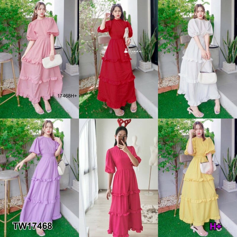 kudapy แม็กซี่เดรสยาว แขนพองผูกคอหลัง มีผูกเอว ผ้าไหมอิตาลี่สีพื้น แต่งระบาย 3 ชั้น ใส่เที่ยว ออกงาน
