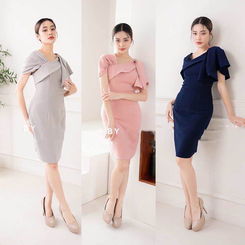kudapy เดรสสั้นใส่ออกงานสีเทา/สีชมพู/สีกรม เดรสใส่ออกงาน สวยดูดี ทรงเอ เข้ารูป งานมีซับใน ซิบหลัง