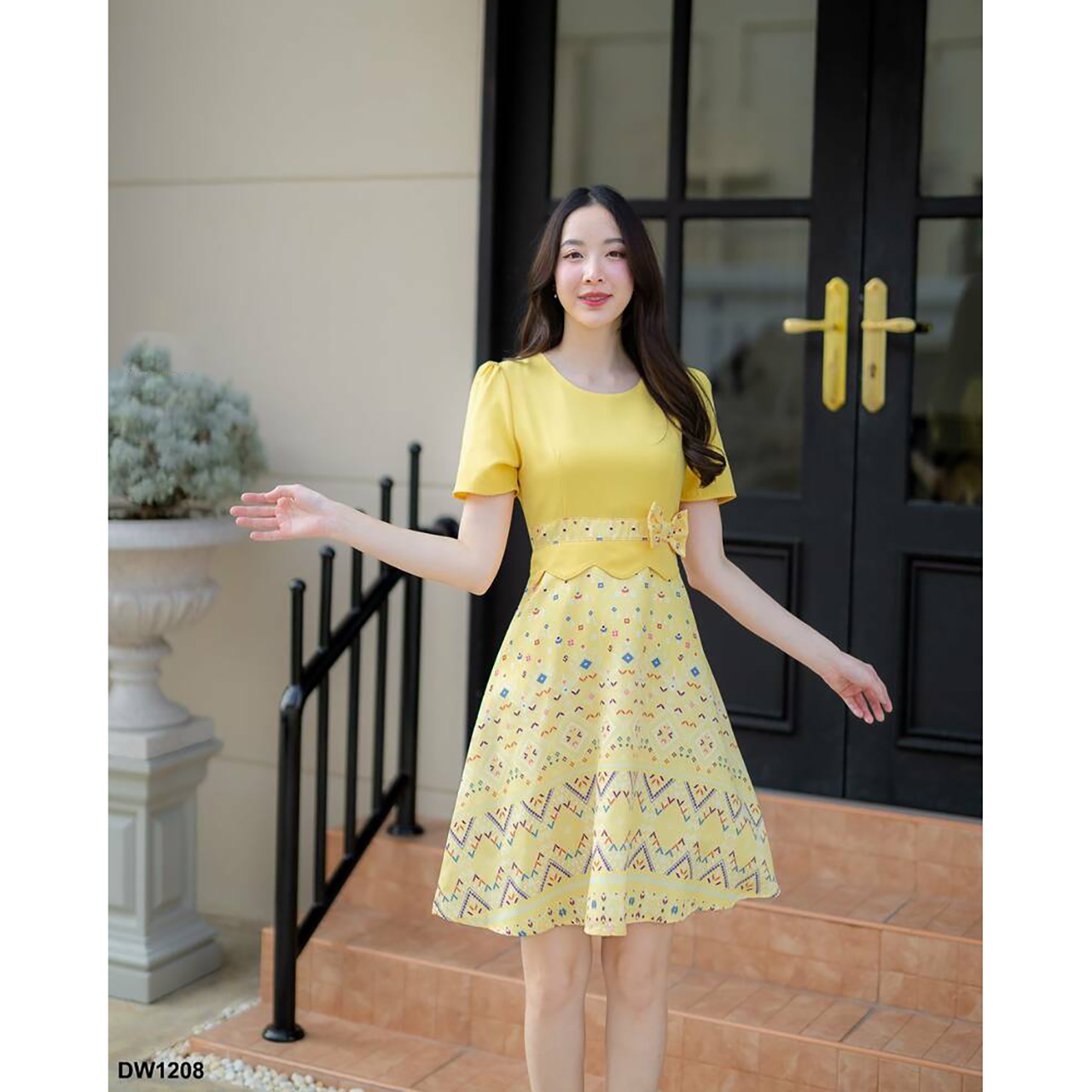 kudapy เดรสสั้นสีม่วง/สีเหลือง ผ้าไทยกระโปรงบานแต่งโบว์เอว