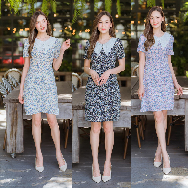 kudapy เดรสสั้นคอปกลูกไม้สีกรม/สีชมพู/สีเหลือง เดรสทำงานลายดอกปกลูกไม้
