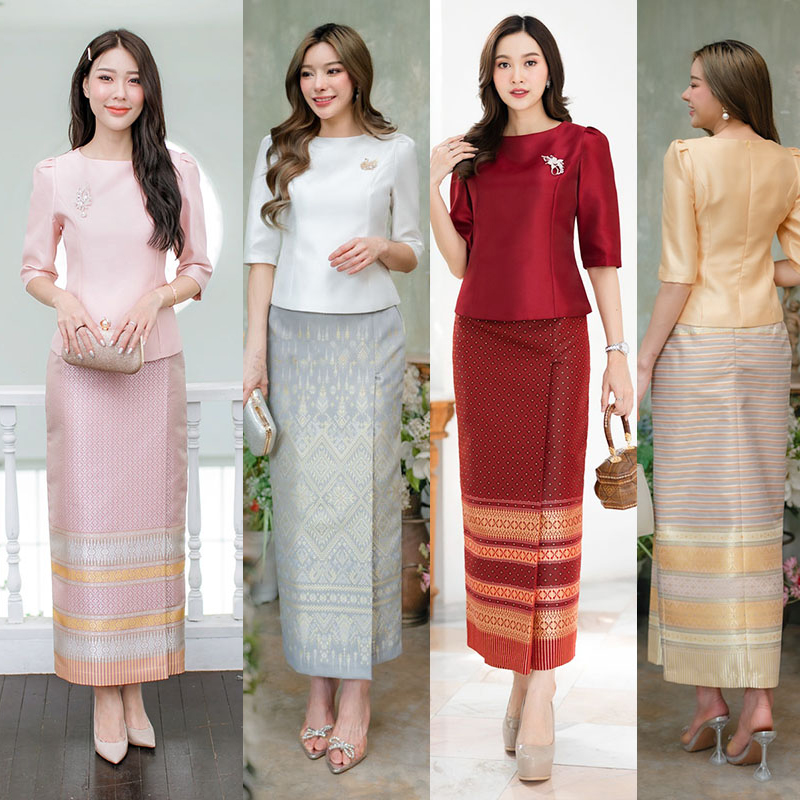 kudapy ชุดเซ็ทเสื้อ+ผ้าถุงสีแดง/สีขาว/สีเหลืองทอง/สีพิ้งค์โกลค์ ผ้าไหมญี่ปุ่นเนื้อทราย ตัวเสื้ออัดกาวทั้งตัวมีซับใน คอปาดแขนจับจีบ มีชิปหลังใส่สบาย