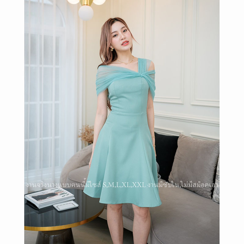 kudapy เดรสสั้นสีชมพู/สีมิ้นอมฟ้า เดรสออกงานปาดไหล่มุ้งกระโปรงบาน น่ารักมากกก งานมีซับใน ซิปด้านหลัง