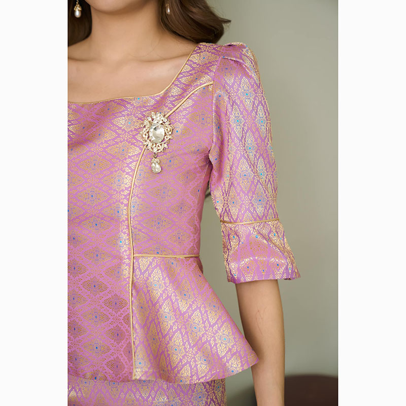 kudapy เซ็ท ผ้าไหมทอลายแพรวากาฬสินธุ์สีม่วง ชุดออกงานลายไทย