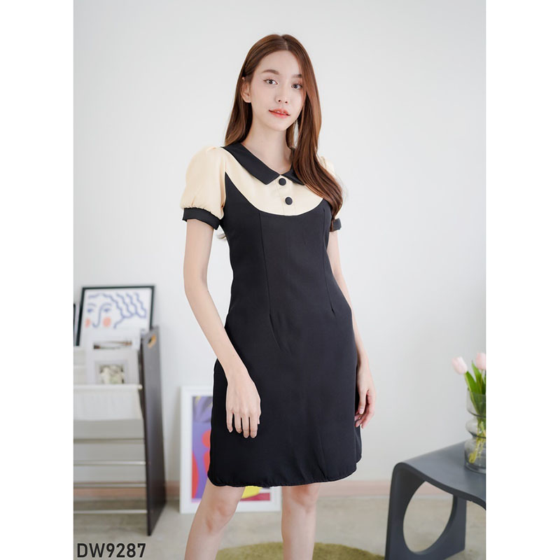 kudapy เดรสสั้นสีส้ม/สีดำ/สีแดง ทูโทนแขนจั๊ม สวยดูดี ใส่ทำงาน ออกงาน