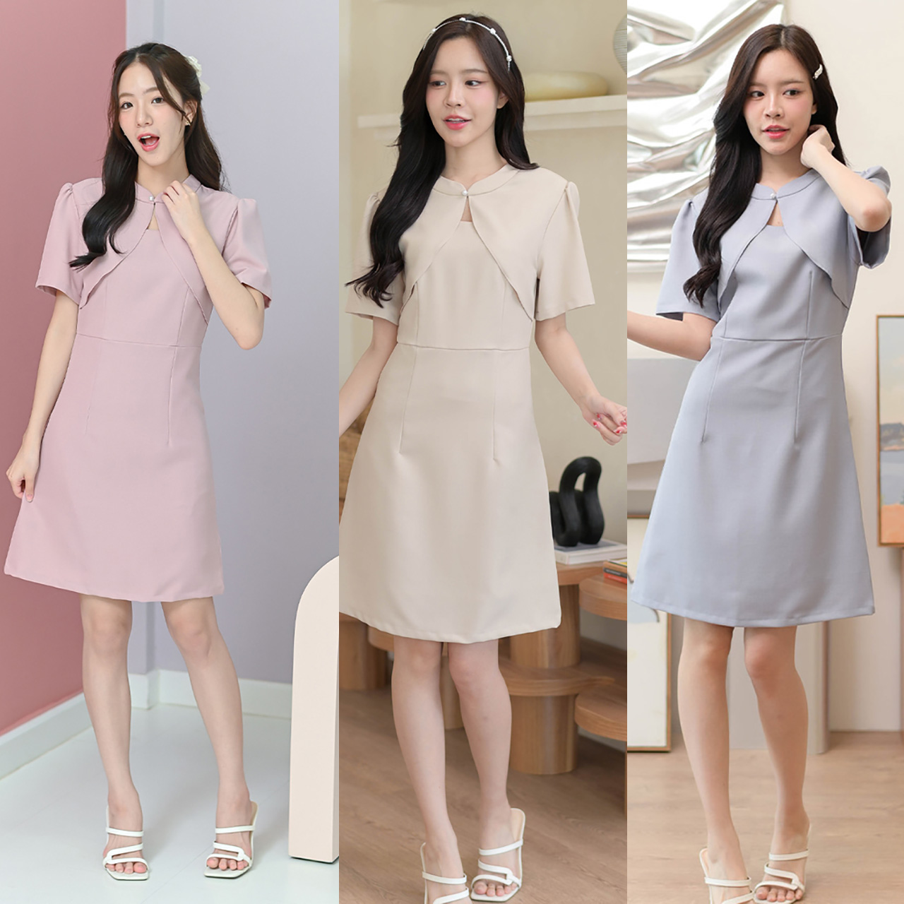 kudapy เดรสทรงเอแขนสั้น ดีไซน์เย็บติดเสื้อคลุม คอกระดุมมุก รูดไหล่แขนพองน่ารัก