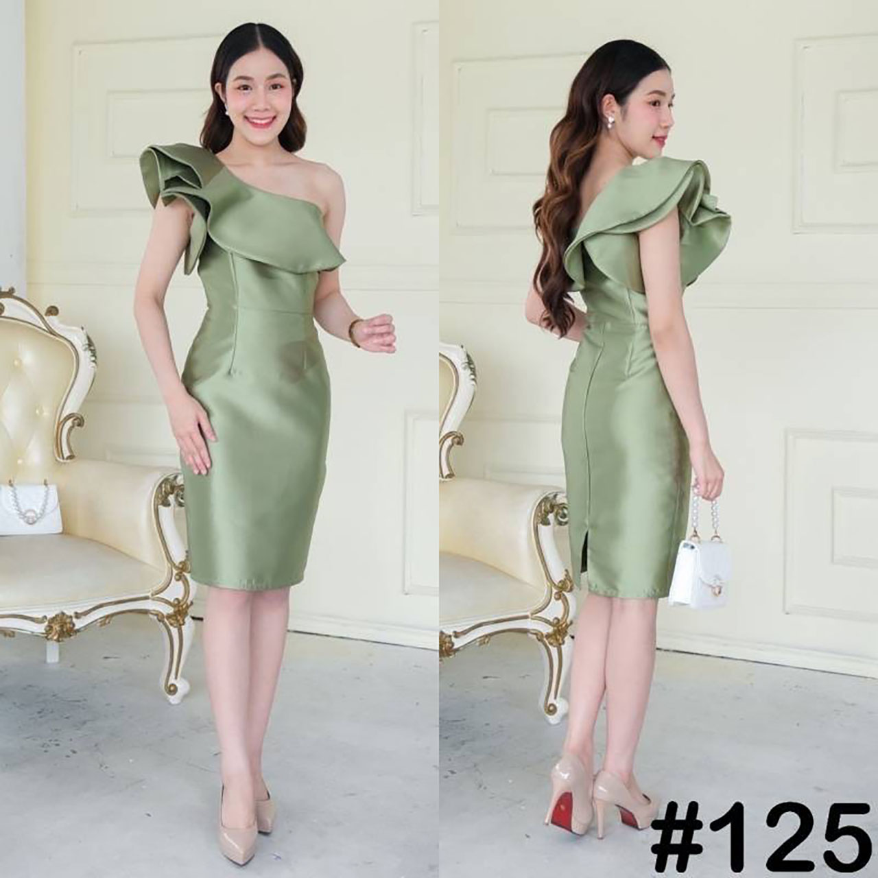 kudapy เดรสสั้นสีขียวอมเทา,ชมพู,ฟ้า,แดง,ทอง,เทา,กรม ,เขียว บ่าเดี่ยว จับเดรปแขน สองชั้น ระบายจีบช่วงอก