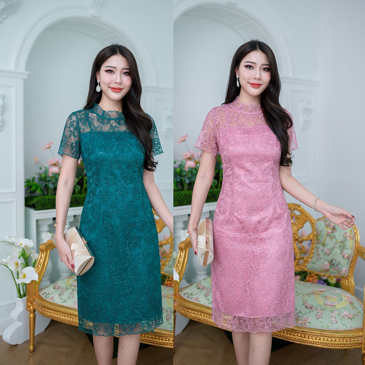 kudapy เดรสสั้นสีชมพูกลีบบัว/สีเขียวเข้ม/สีแดง ลูกไม้ใยบวบลายกุหลาบดอกเล็ก แต่งเลื่อมเข้ากับโทนสีของชุด มีซับในมีดีเทลซีทรูโชว์ช่วงอ