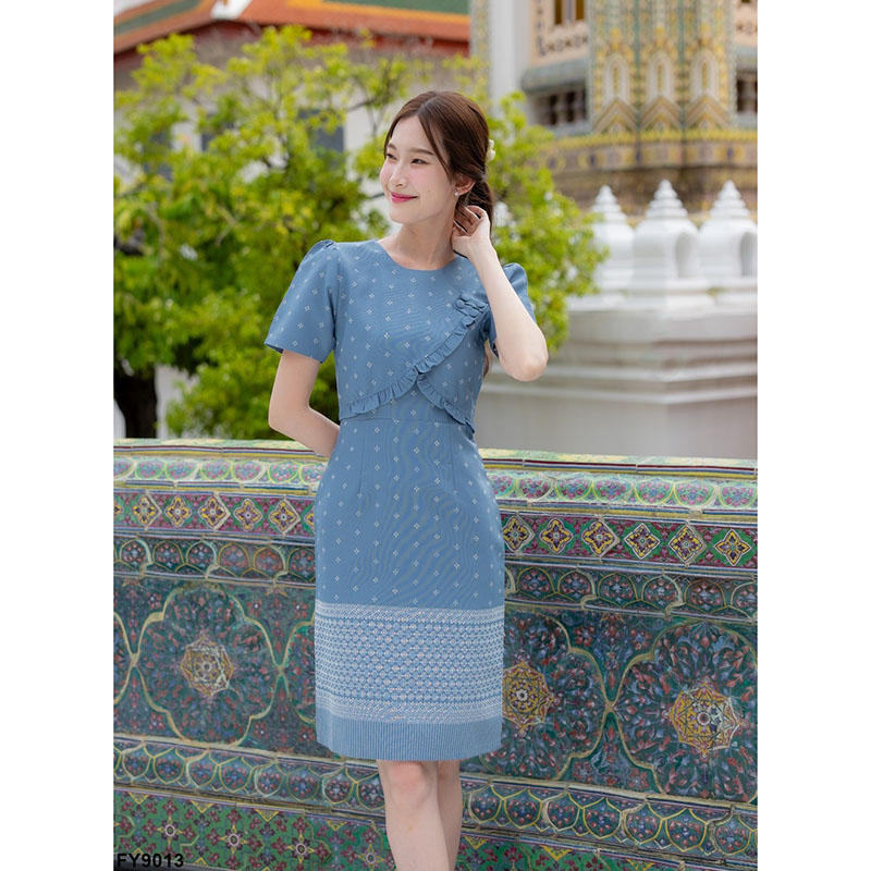 kudapy เดรสสั้นสีฟ้า ผ้าไทยวันแม่เข้ารูป ใส่ออกงาน ใส่ทำงานสวยดูดี