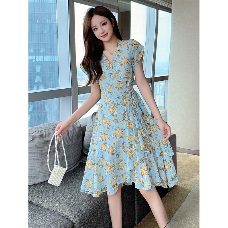 kudapy ชุดเดรสสีฟ้าอมเขียว,สีชมพู ใส่ทำงาน ผ้าชีฟองพื้น พิมพ์ลายดอกกุหลาบ