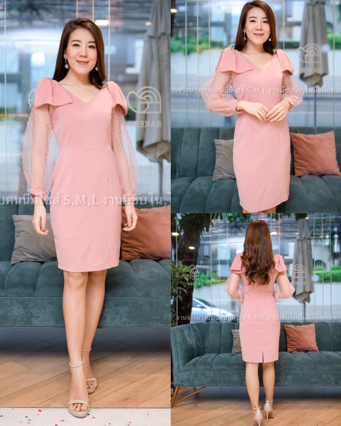 kudapy เดรสสั้นแต่งโบว์ไหล่คู่ สีชมพู, กรมท่า, แดงเลือดหมู, ไวน์แดง, เทา, ขาว ,โอวัลติน แขนแต่งผ้าชีฟองลายจุดๆ ผ้าฮานาโกะผ้ายืดเนื้อดีทิ้งตัว