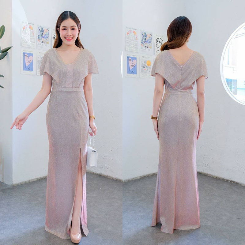 kudapy เดรสยาวผ้า glitter คอวี แขนค้างคาว (ค้างคาว) กระโปรงหางปลาผ่าหน้า