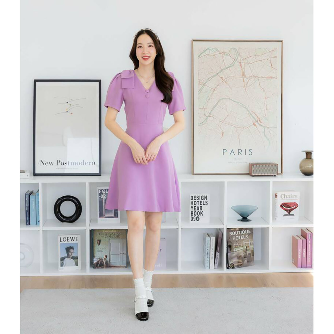 kudapy เดรสสั้นสีม่วง/สีชมพู/สีกรม ผ้าพื้นกระโปรงบานโบว์ไหล่